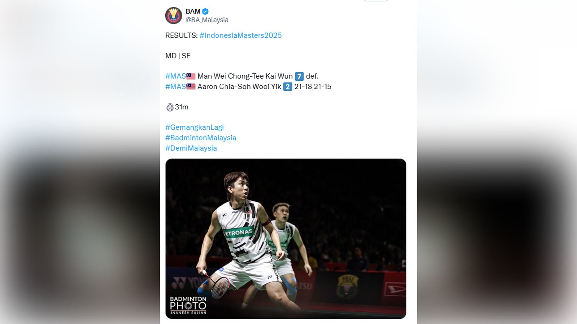 Masters Indonesia: Gandingan Man-Tee terus mekar, lakar kejutan singkir Aaron-Wooi Yik